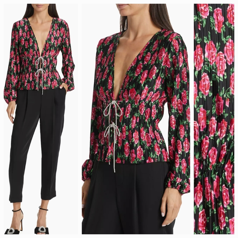 Wayf Payton Floral Plunge Neck Plisse Top Blouse/Jacket Size 8